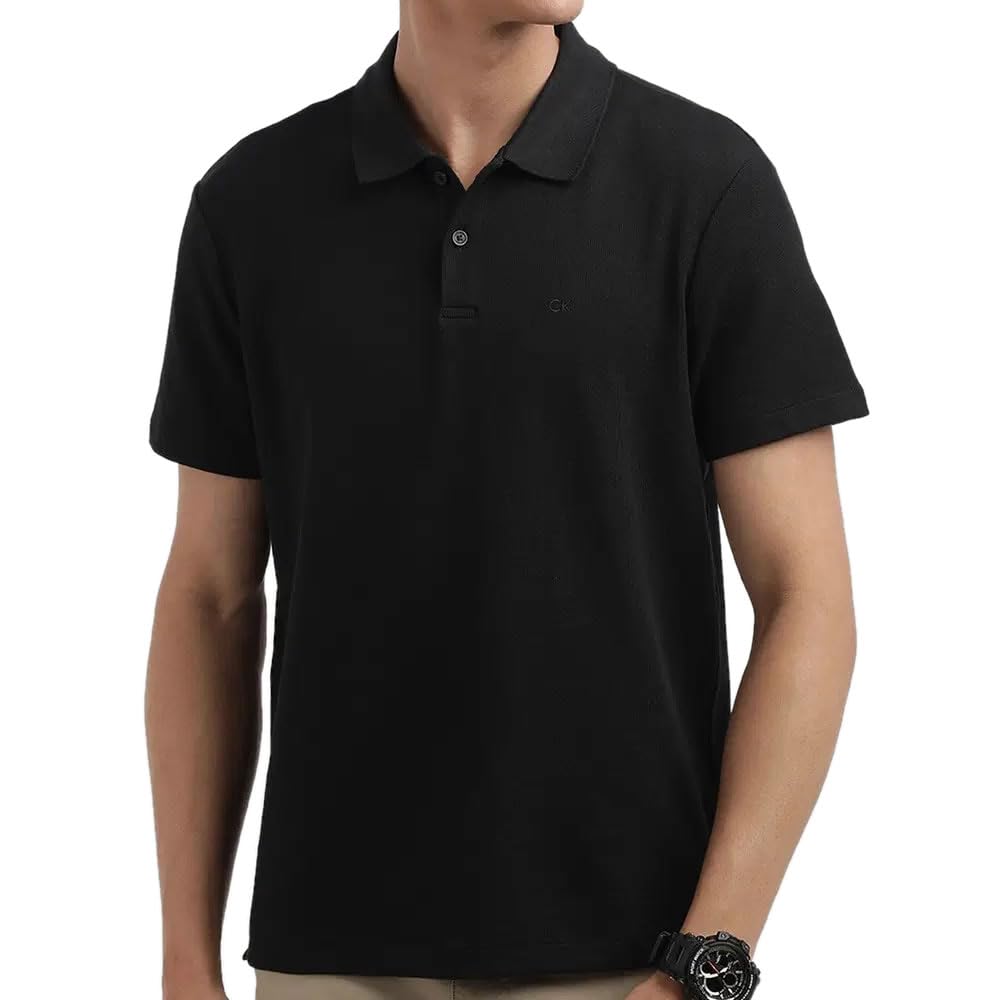 Футболка-поло MICRO WAFFLE POLO 40QC235 Черный [Calvin Klein] Мужская с коротким рукавом (цвет (УБ1)) (Размер M) [Элемент]