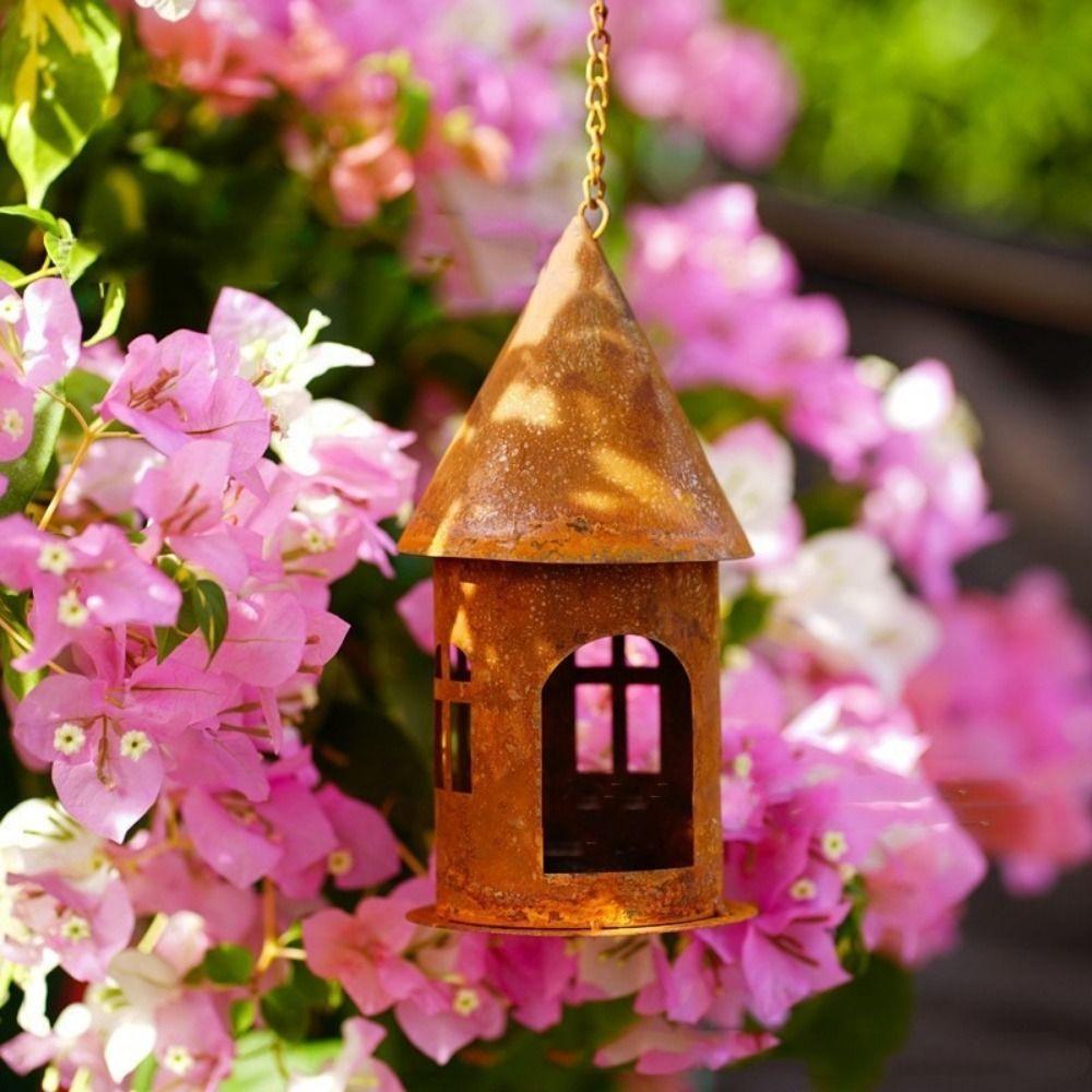 Iron Hanging Castle Candle Holder Rustic Hanging Bird Feeder Rusty Castle Candlestick for Garden