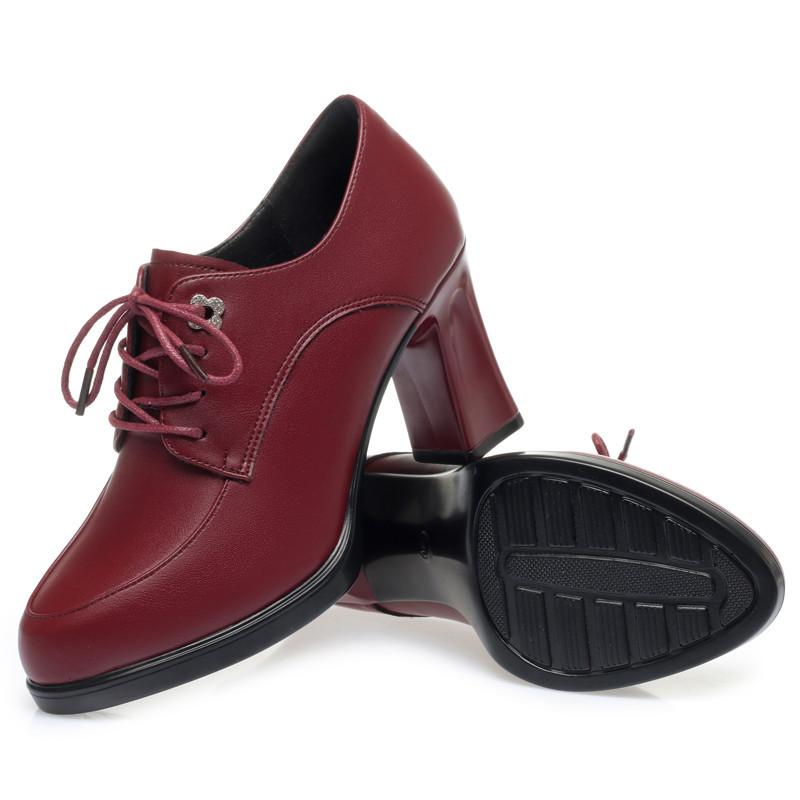 Fashion Spring Autumn Women's Pumps Fashion Deep Mouth Pumps Shoes Woman Genuine Leather Lace Up Single Shoes Mother High Heels Shoes