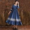 Summer Women O-Neck Elasticated Waistband Dress Vintage Embroidery Three Quarter Cowboy Dress