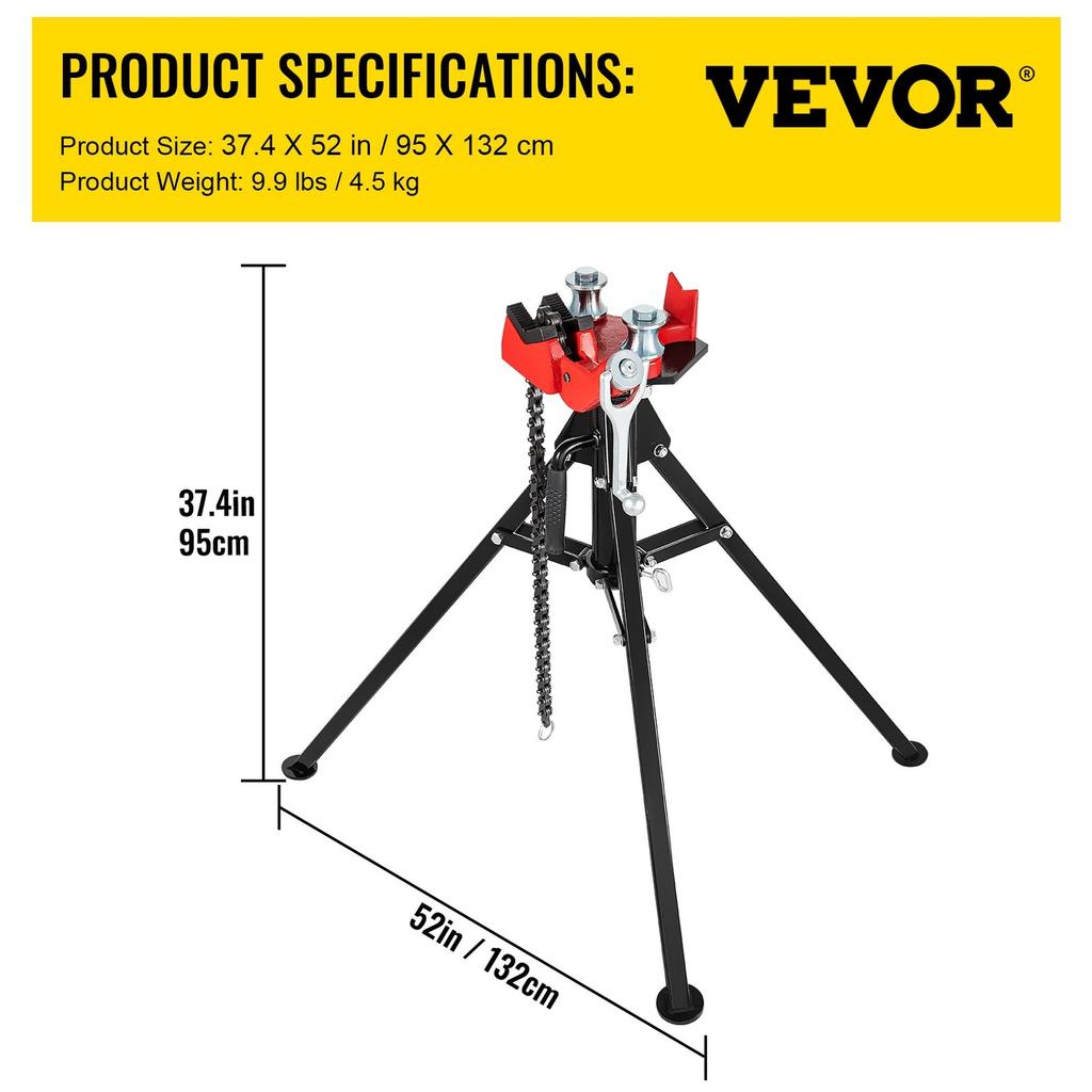 Tripod Pipe Chain Vise | 1/8"-5" Pipe Capacity | 36.4" Length | Portable Folding Steel Legs | Grab, Support, and Bend Pipes | Ideal for Factory,