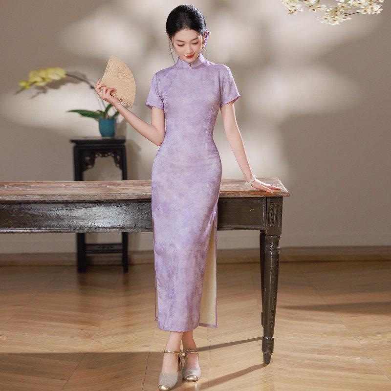 Purple Modern Chinese-Inspired Long Cheongsam Dress Women 2026 Retro Elegant Formal Gown With Stand Collar Side