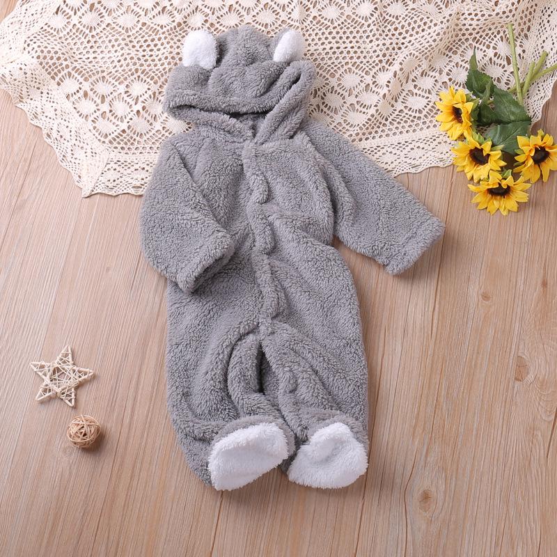 Baby Coral Fleece Hooded Long-Sleeve Warm Jumpsuit for Autumn/Winter