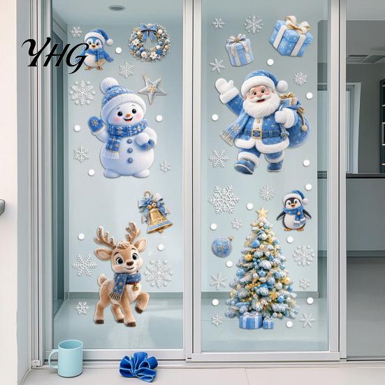 Blue Gold Christmas Decor 4Pcs Static Window Clings, Santa Snowman Reindeer Penguin Cute Cartoon Stickers Stickers, Reusable Double Sided Xmas Holiday