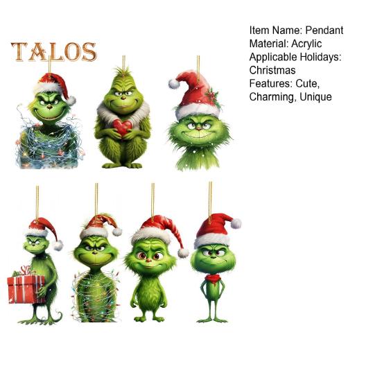 1/7Pcs Christmas Tree Ornaments Cartoon Green Elf Tree Hanging Decoration Acrylic Xmas Pendant for Holiday Car Window Wall Tree Decor