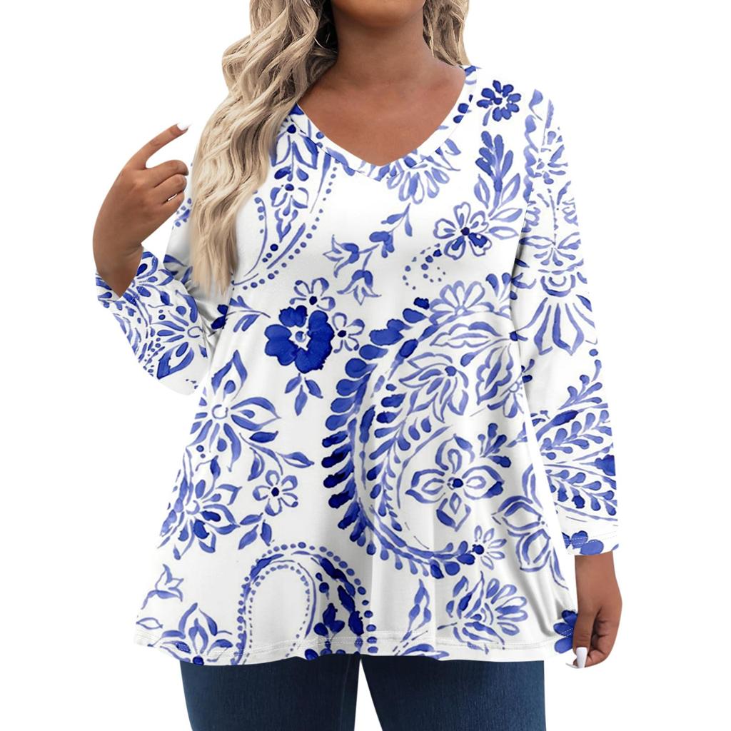 Женские топы больших размеров с длинным рукавом и принтом, рубашки с V-образным вырезом, повседневная одежда, топы