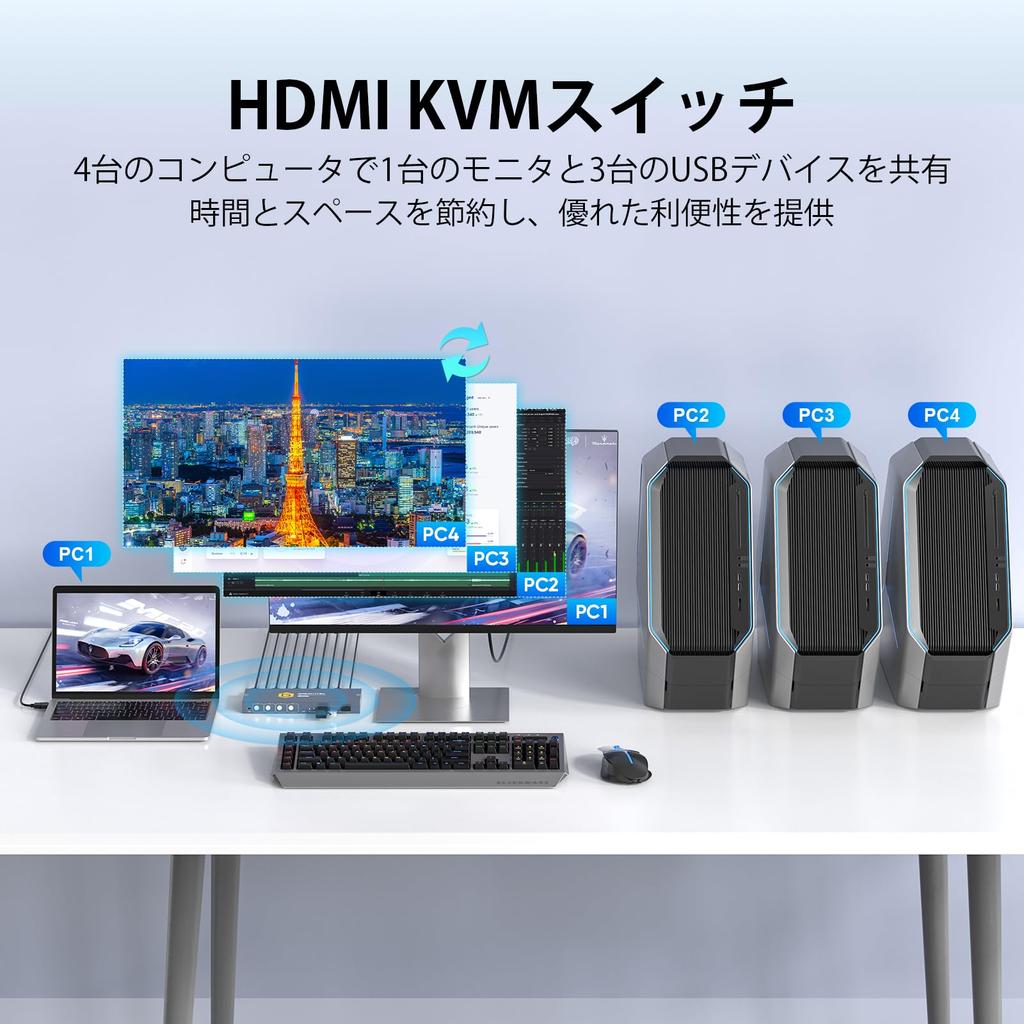KVM-переключатель USB 3.0 с 4 входами HDMI и 1 выходом, позволяет 4 ПК использовать один монитор, оснащен 4 USB 3.0 хабами, поддержка 4K@60Hz, Беспроводная клавиатура и