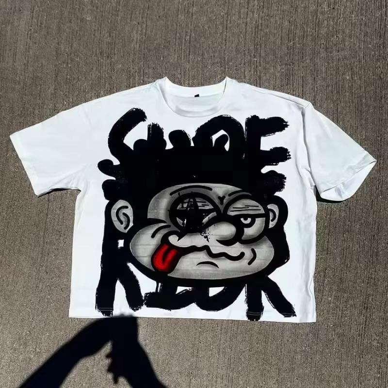 GLYDE Vintage Big Face Graphic Print Cotton T-Shirt Men Y2K Short Sleeves Vintage Oversize Tshirt Streetwear