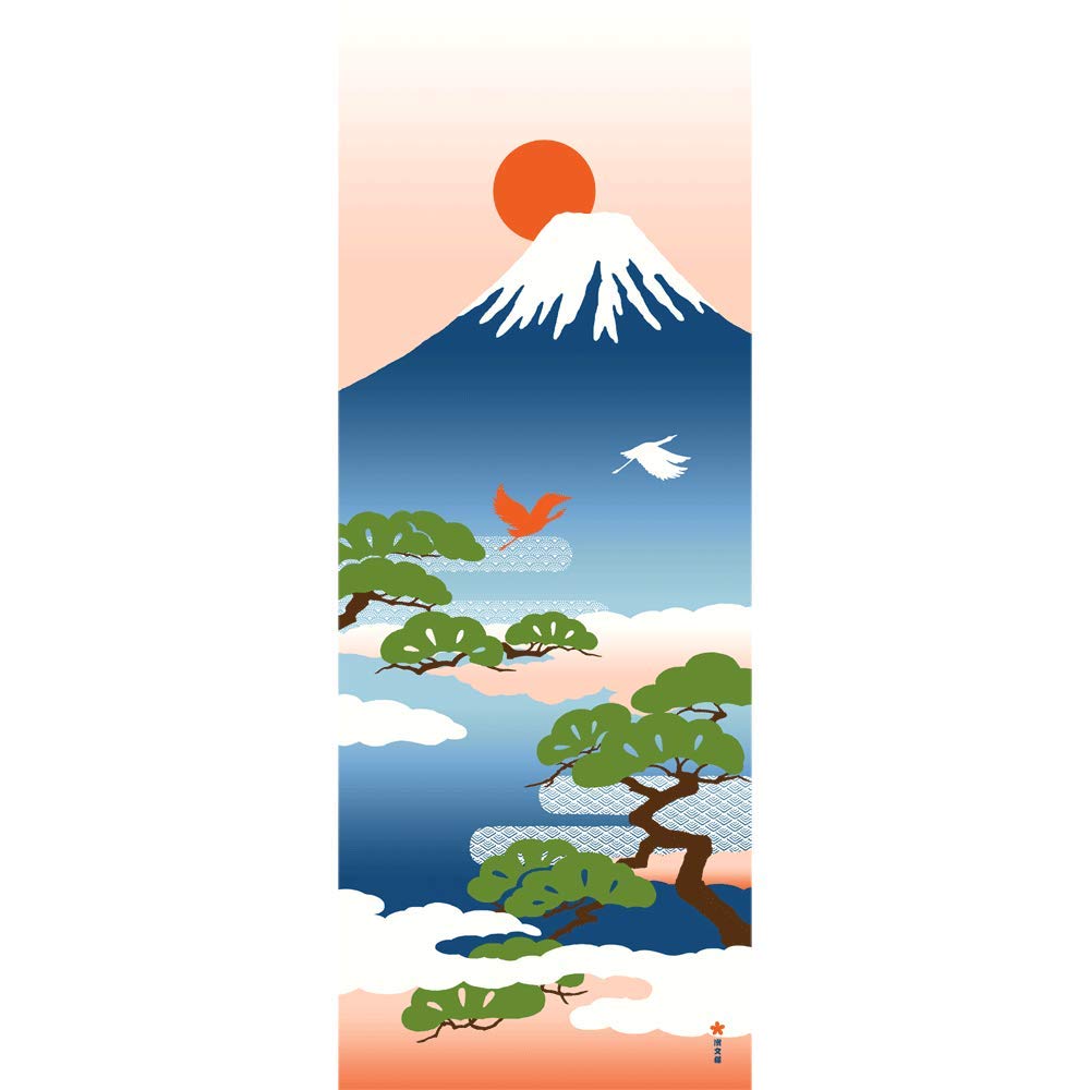 Hamamonyo Illustrated Tenugui Fuji and Pine Blue Towel, Mt. Trees,