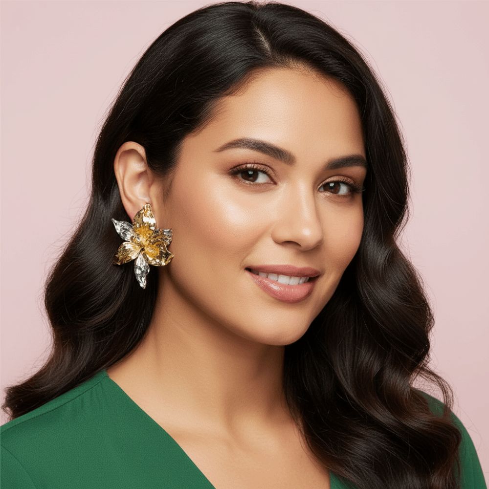 1 pair Luxury Enamel Iris Earrings Zinc Zinc Alloy Metal Flower Ear Studs Golden and Silver Earrings Banquet