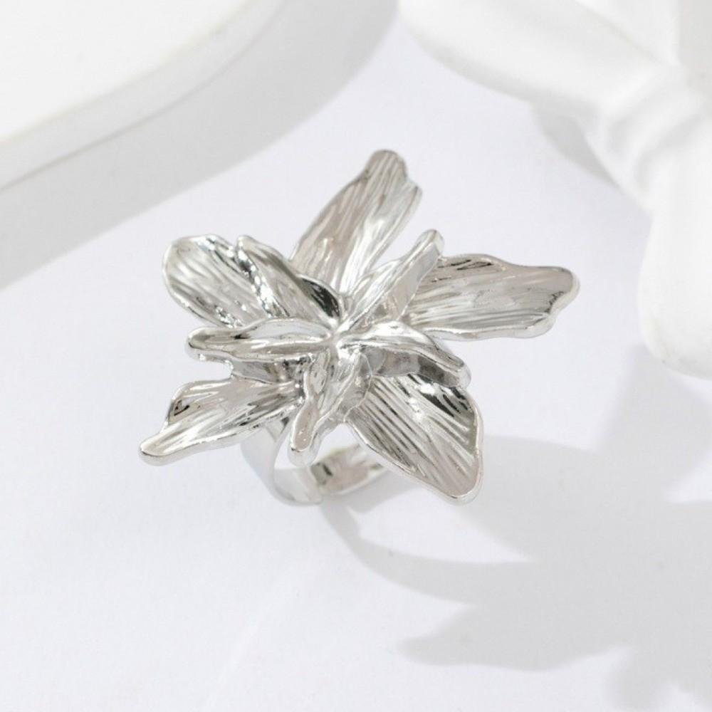 Adjustable Metal Flower Ring Double Layered Irregular Geometric Petal Ring  Trendy