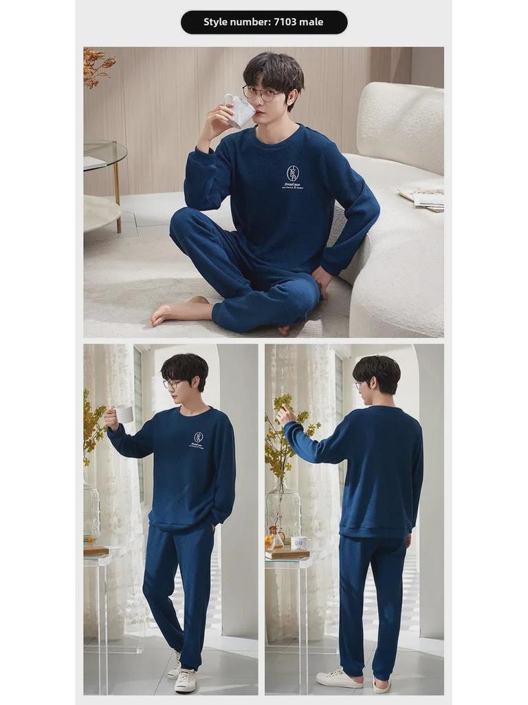 Мужская свободная вафельная пижама с рисунком из мультфильма - длинный рукав, чистый хлопок, большой размер