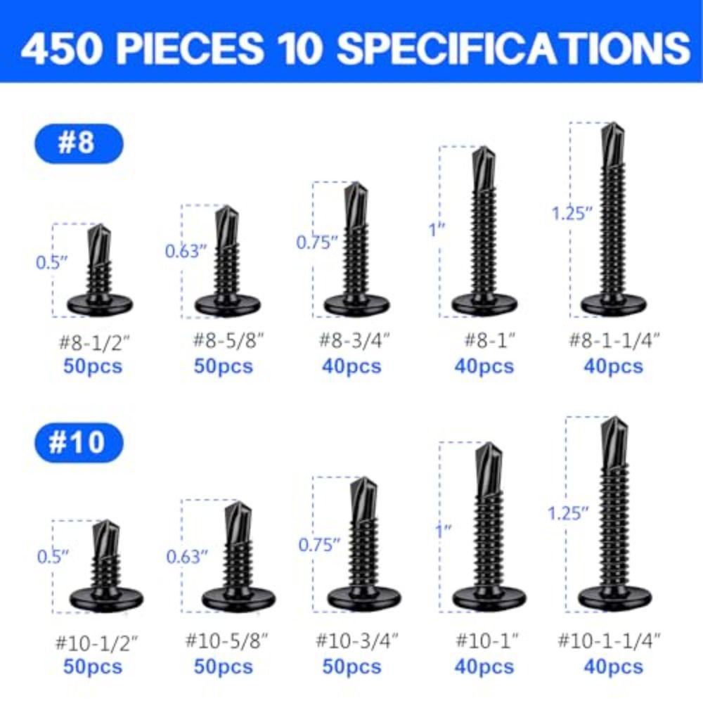 450pcs 410 Stainless Steel Self Tapping Screws Hex Head Stainless Steel Screws Assortment Set