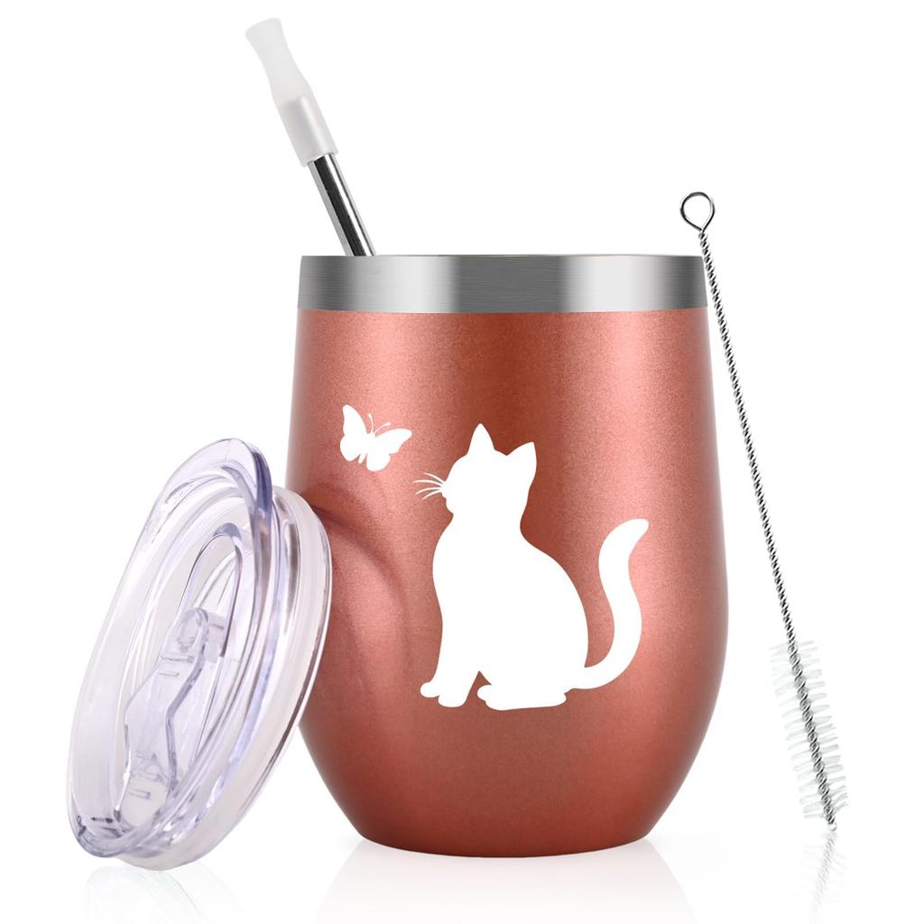 Livole Cat Gift for 350ml Stainless Steel Tumbler with Lid and Perfect for Day or Retirement Women, Straw, Insulated, Mother's (Rose Gold)