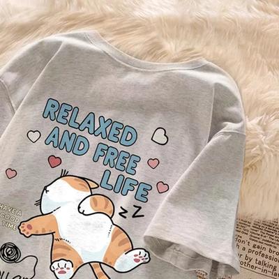 Милая мультяшная футболка с принтом букв «Ленивый кот» для летней пары, с коротким рукавом, свободный крой, повседневный женский топ, женская одежда