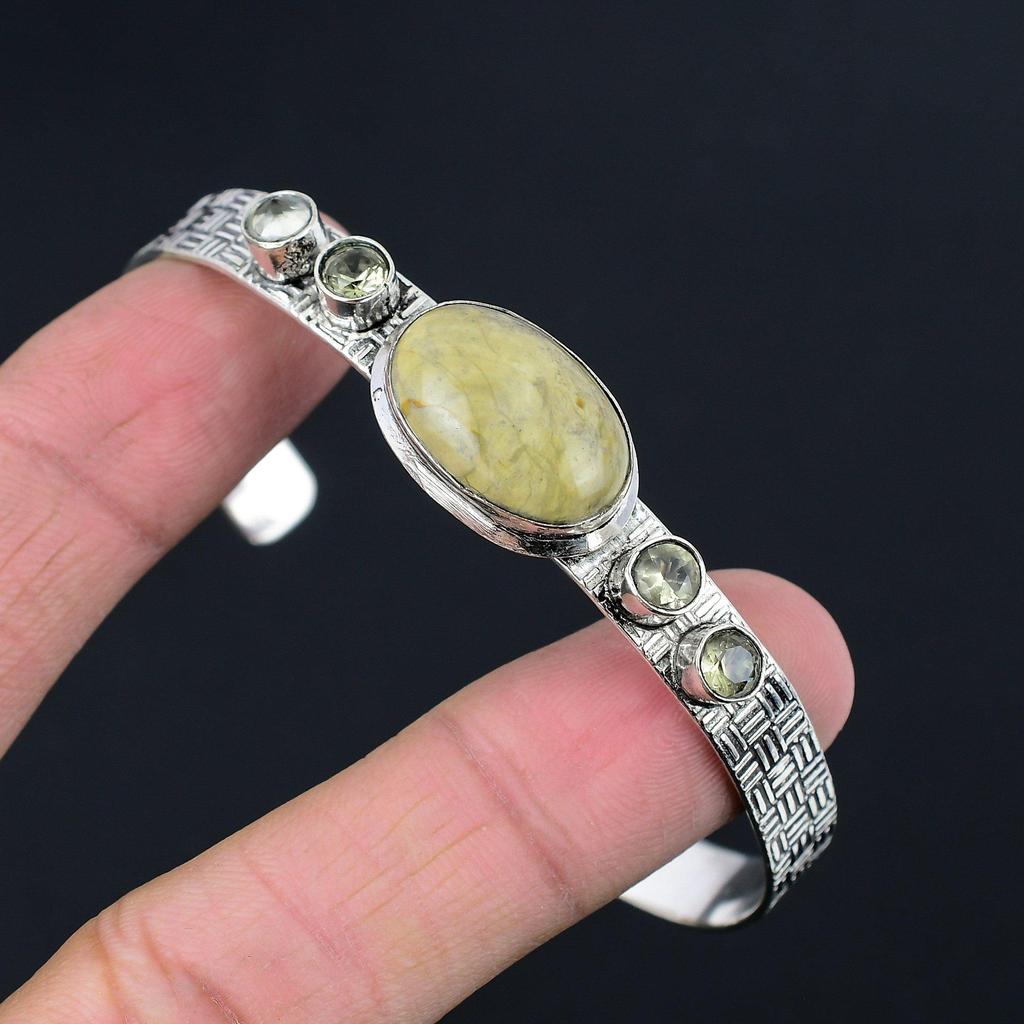 Oval Polychrome Jasper Stone Green Amethyst Sterling Silver Sister Boho Bangle