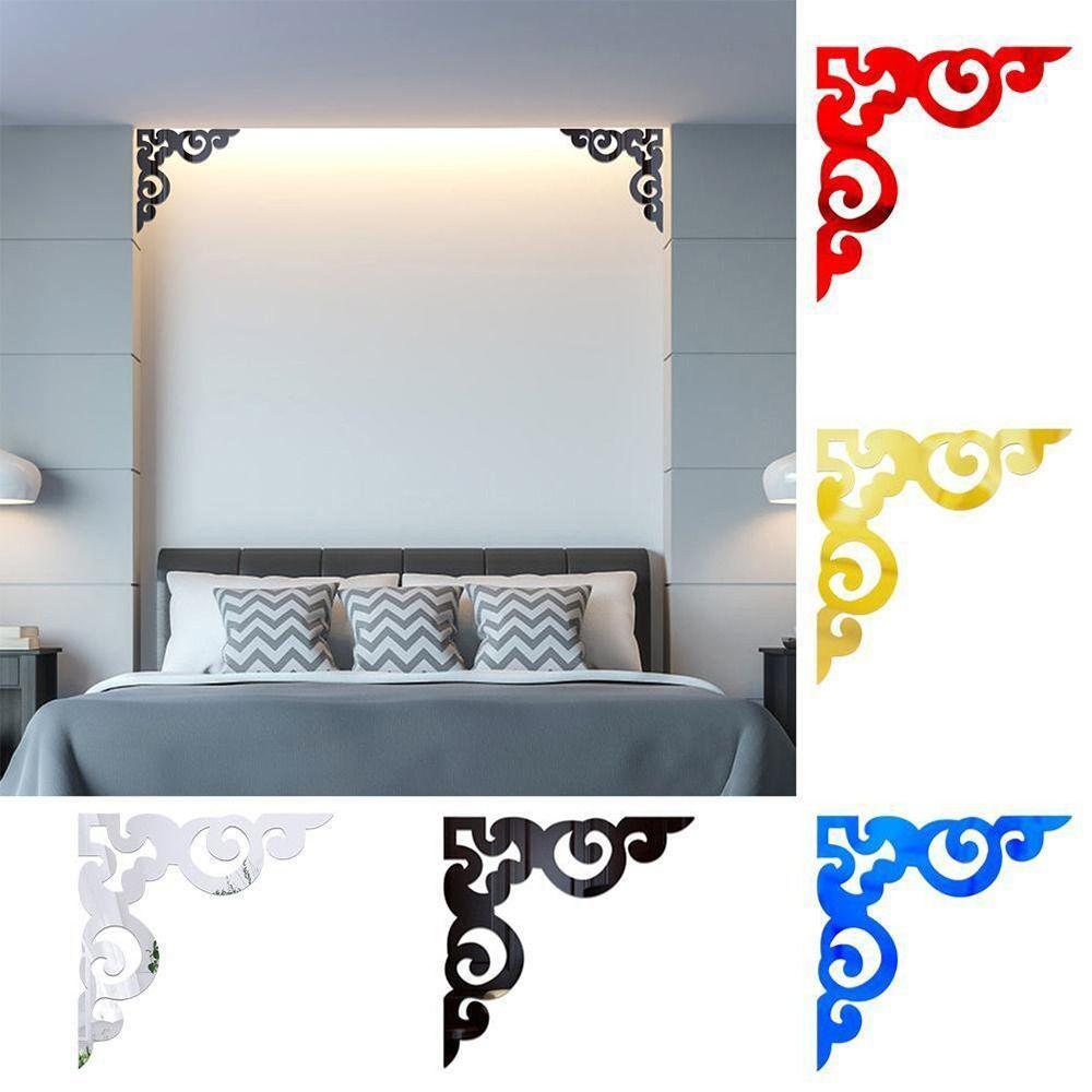 4PCS Room Decor Mirror Wall Corner Sticker Self Adhesive Background Wall Decal Cabinet Decals Home