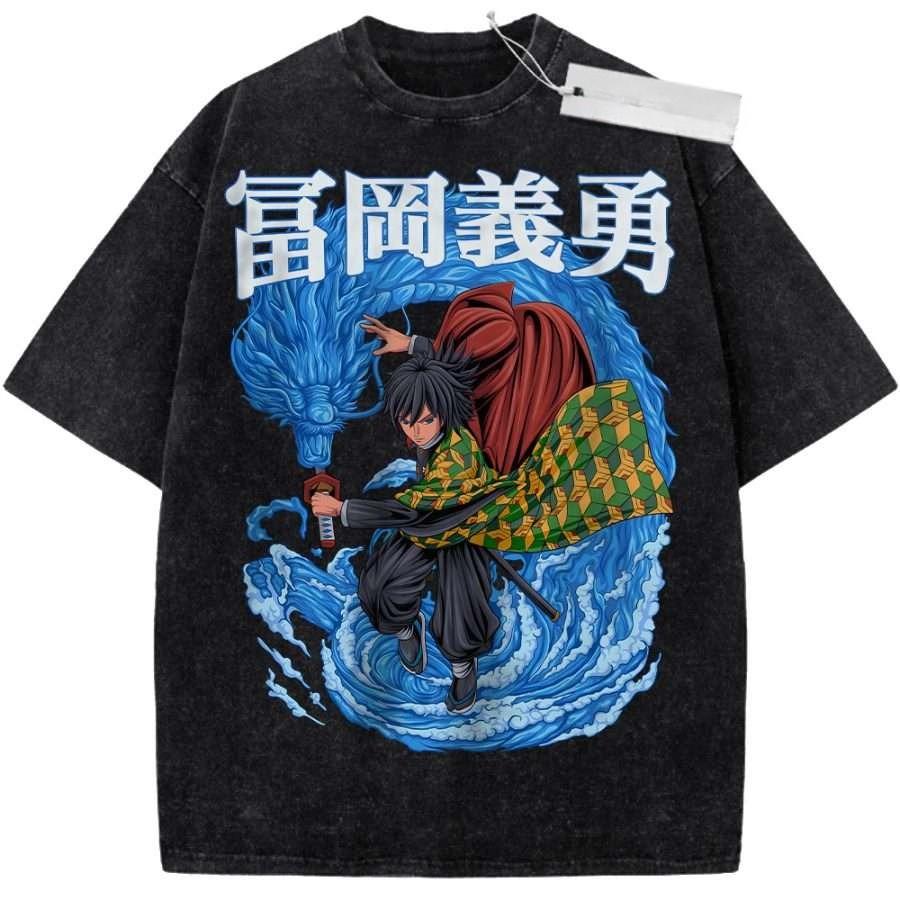 Unisex Washed Purple Vintage Tshirt Demon Slayer Tomioka Giyu Blue Dragon Water Breathing Highquality Fabric for Home Leisure