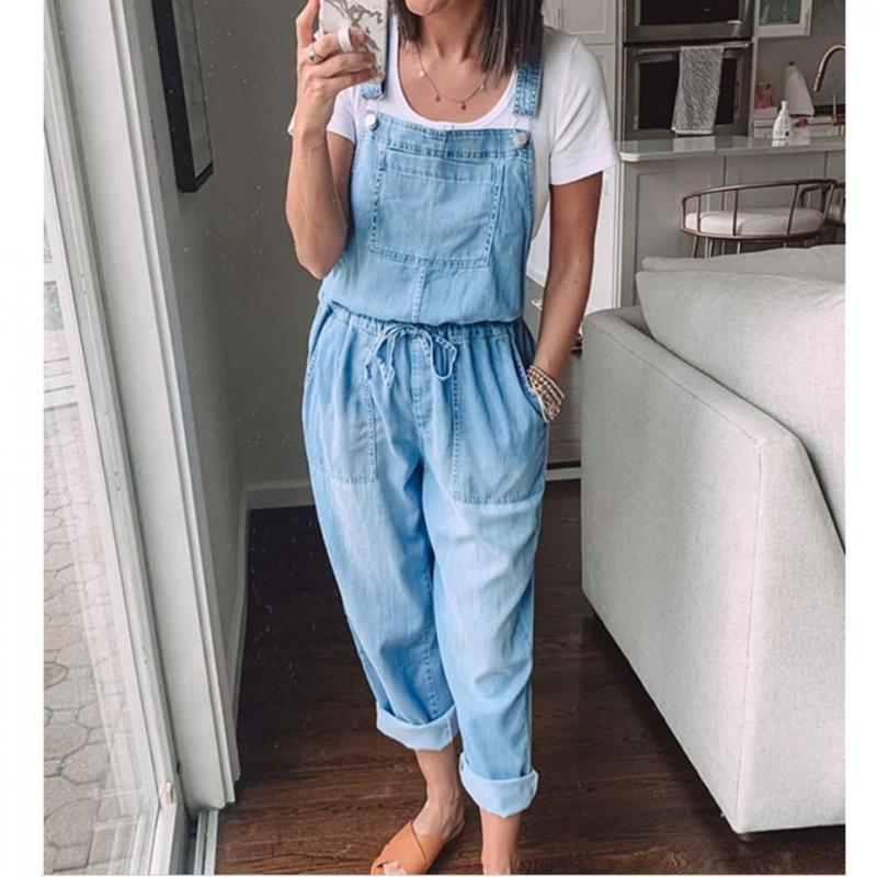Fashion Women Ladies Baggy Denim Jeans Bib Full Length Pinafore Dungaree Overall Solid Loose Causal Jumpsuit Pants
