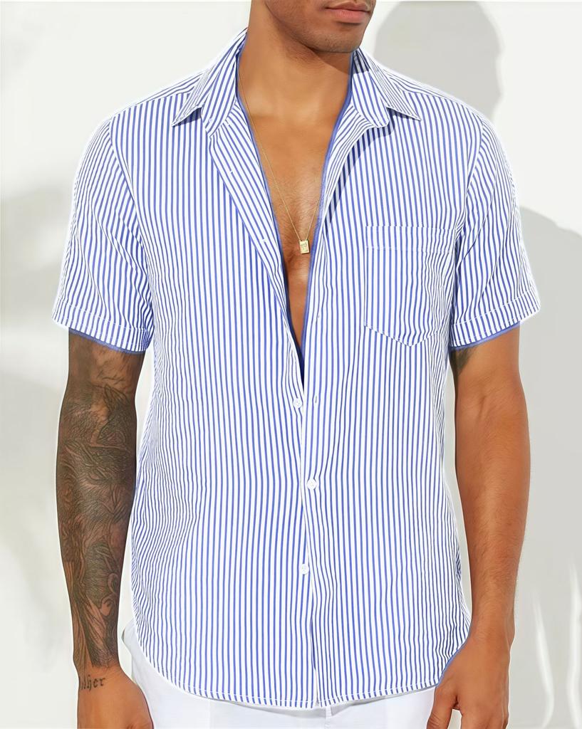 Новый стиль Модная мужская цветная тканая полосатая повседневная рубашка с лацканами, карманом, коротким рукавом, универсальная