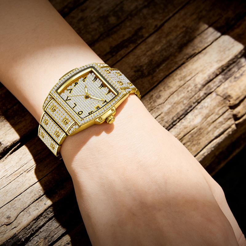Womens Diamond Watch Tonneau Barrel-Shaped Luxury Quartz Wristwatch Bling Crystal Dress Watch Arabic Numerals Waterproof