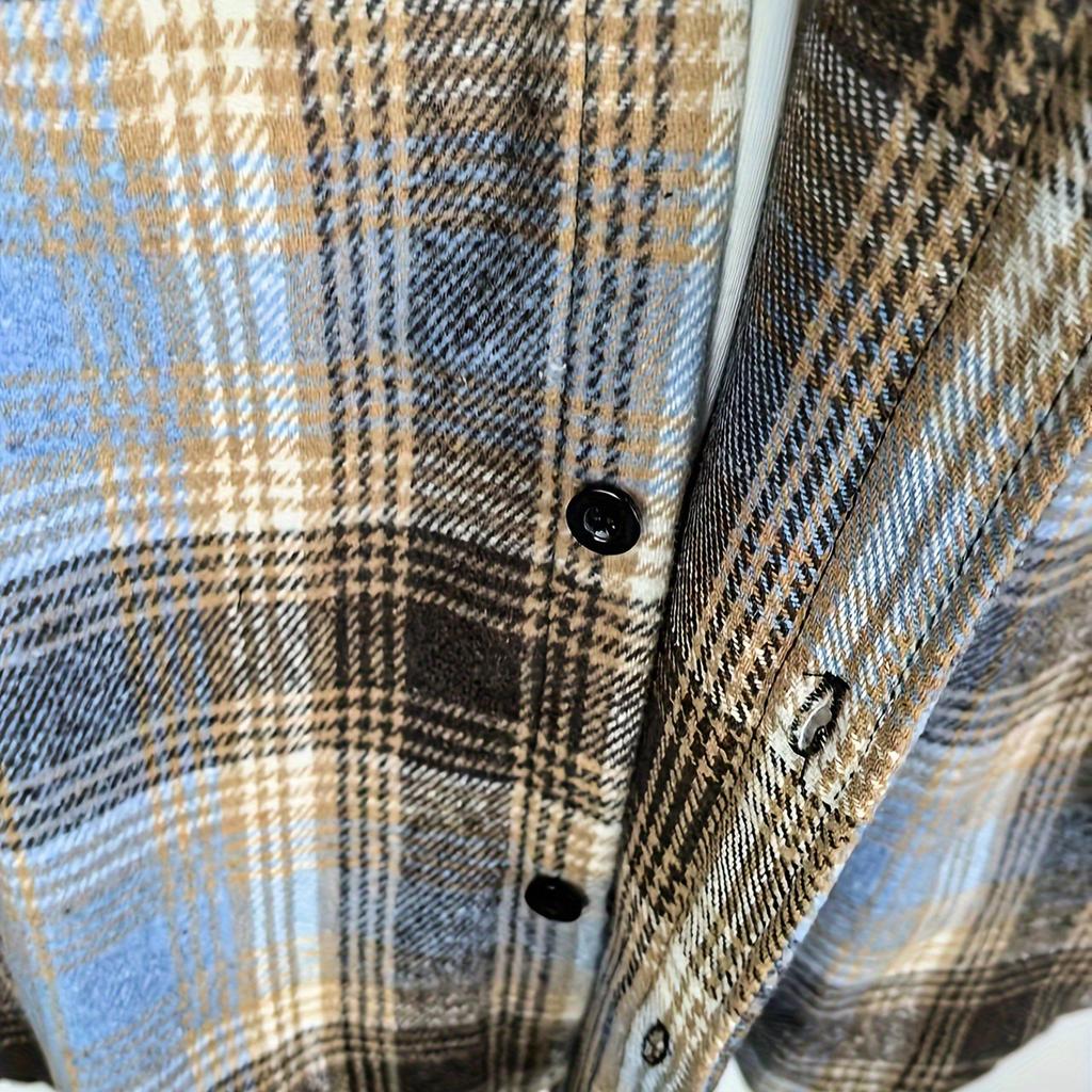 Men's Striped Plaid Casual Loose Button Lapel Long Sleeve Hooded Cardigan Shirt Jacket