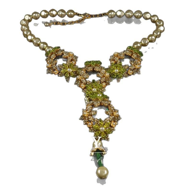 Комплект ожерелья и серег «Тяжелая промышленность» из плетеных рисовых бусин, с подвеской в виде снежинки из изумрудной имитации жемчуга, премиальный темперамент