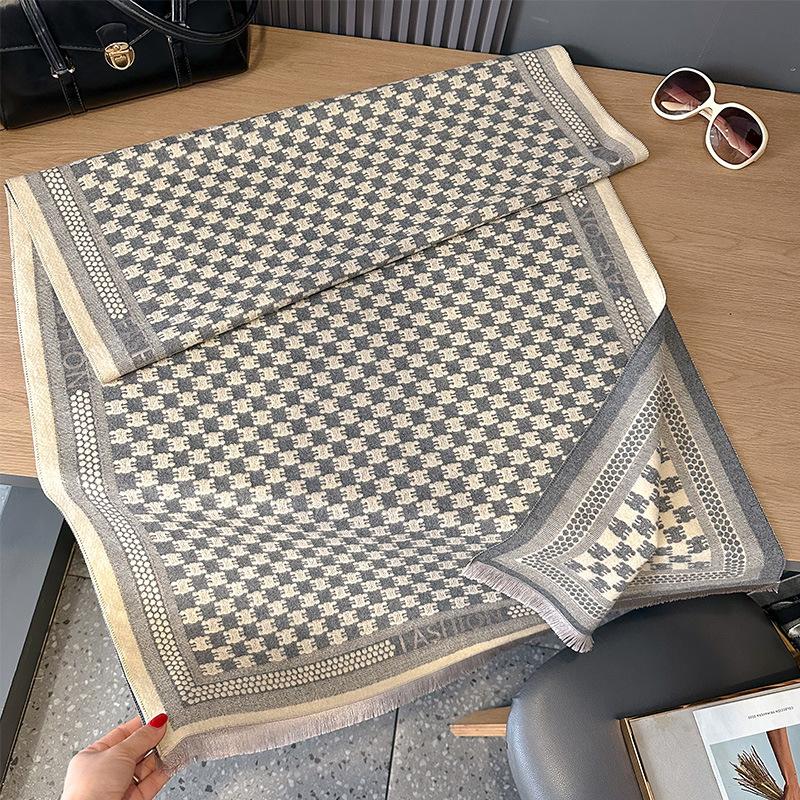 Double-sided Imitation Cashmere Geometric Lattice Texture Printing Thickened Warm Scarf Air-conditioned Room Shawl Outside