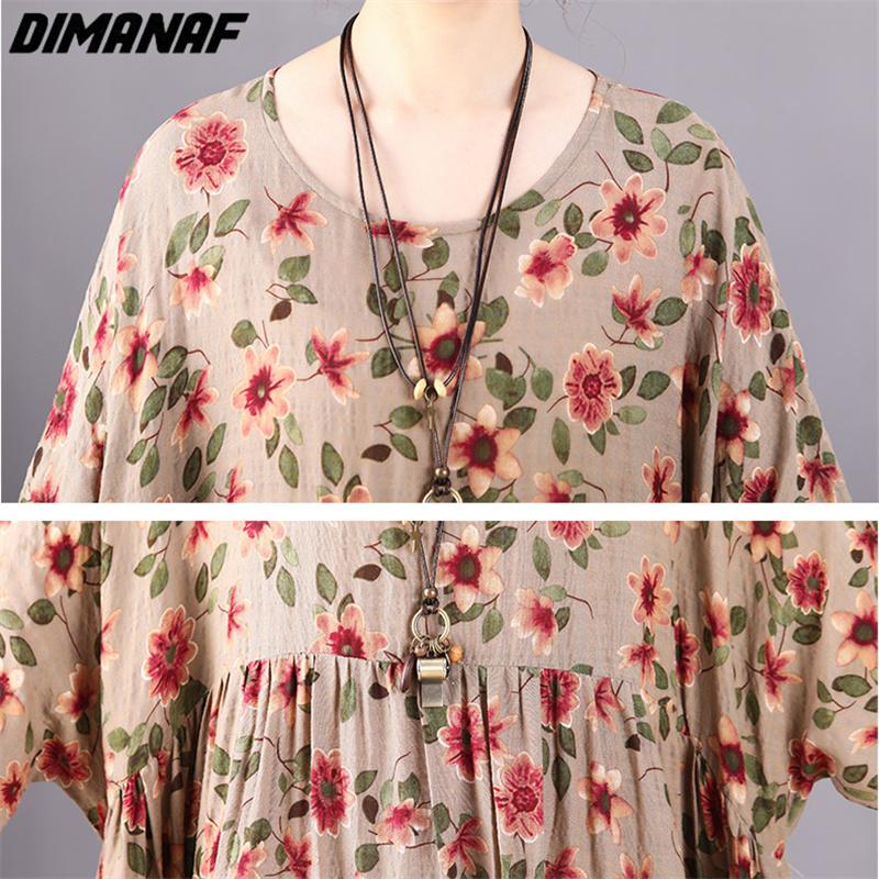 Dimanaf Женское платье больших размеров, новинка 2023 года, летнее стильное платье, свободное платье с длинным рукавом и круглым вырезом с цветочным принтом, зеленые льняные базовые платья
