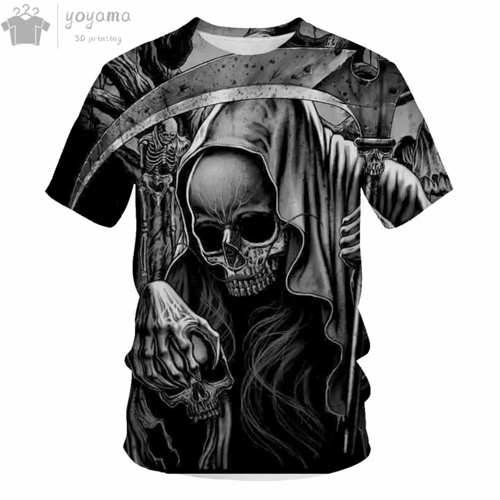 Футболка с коротким рукавом с принтом «Модный череп» 3D, мужская одежда, футболки для мужчин, забавные готические футболки с коротким рукавом и принтом «Мрачный жнец»