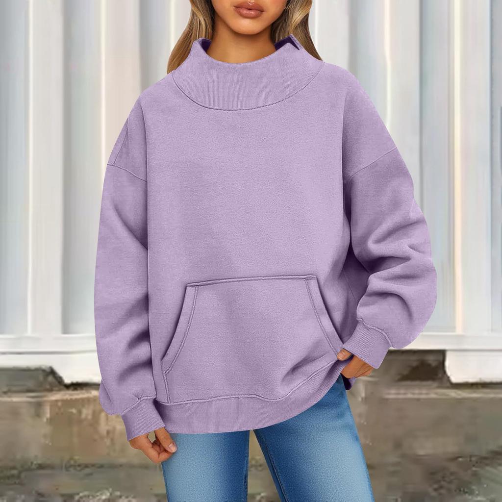 Женский модный повседневный однотонный пуловер с круглым вырезом, длинными рукавами и карманом, спортивный повседневный топ