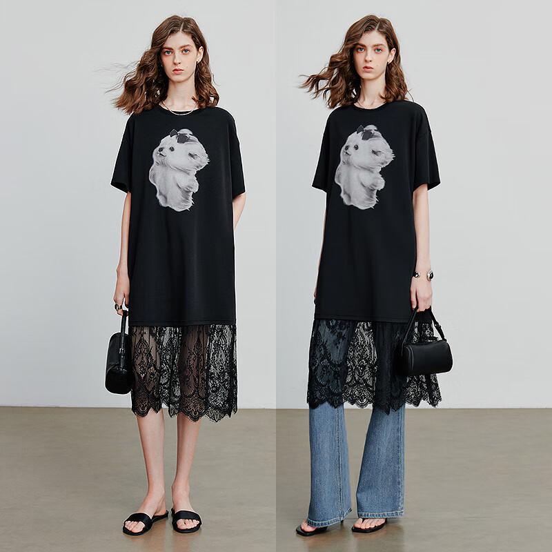 Chuyu Loose-Fit Dog Print T-Shirt Dress with Lace