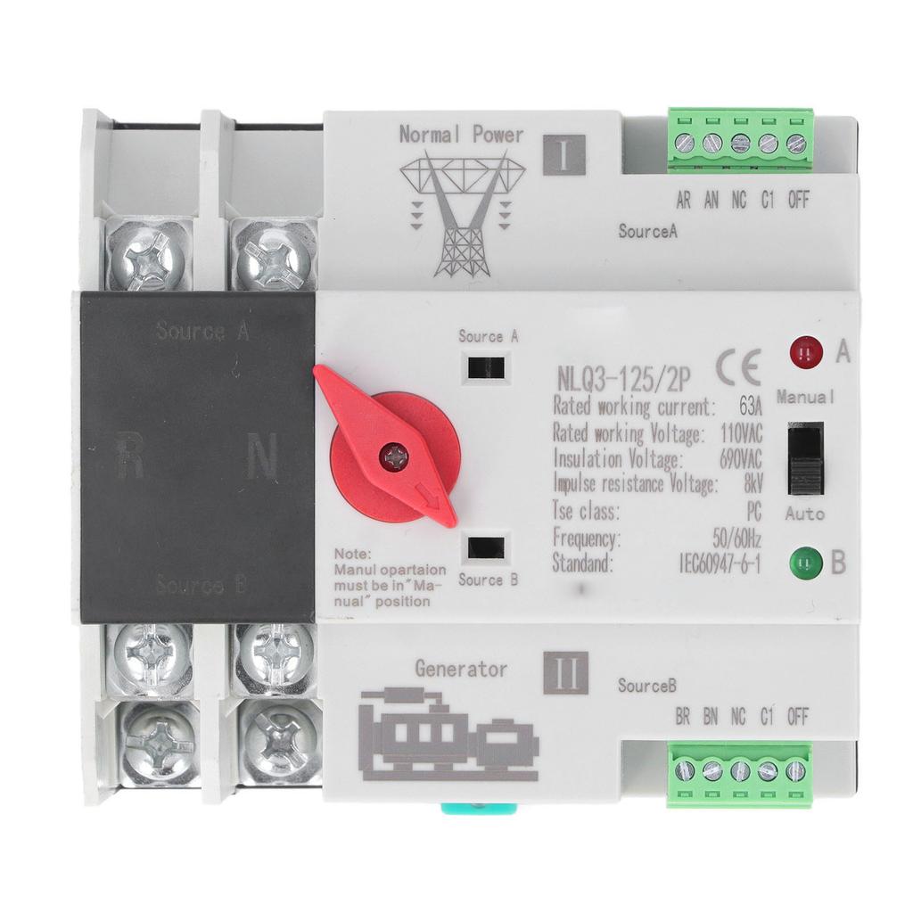 2P Dual Power Automatic Transfer Switch Generator Transfer Changeover Switch AC110V 50Hz 60Hz 63A