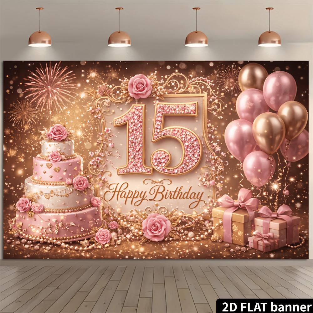 2D Plane 15th Birthday Theme Background Cloth with Settable Diamond Pink Numbers 15 Happy Birthday
