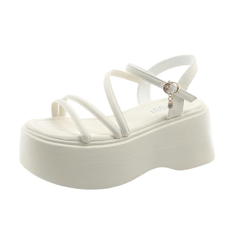 Модные босоножки на платформе 7 см для женщин, лето 2024, новые модные босоножки на высоком каблуке с узкими ремешками для женщин, римские пляжные туфли с открытым носком