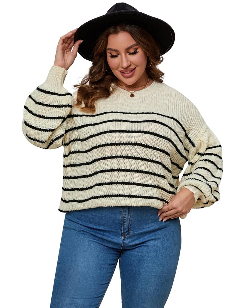 Azura Exchange Khaki Plus Size Striped Drop Shoulder Puff Sleeve Sweater