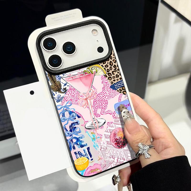 For iPhone 17 Pro Max Case Luxury Pink Goblet Bowknots Disco Ball Pattern Leather Texture Silicone Cover For iPhone 16 Pro Max 15 14 13 12 11 16E Air