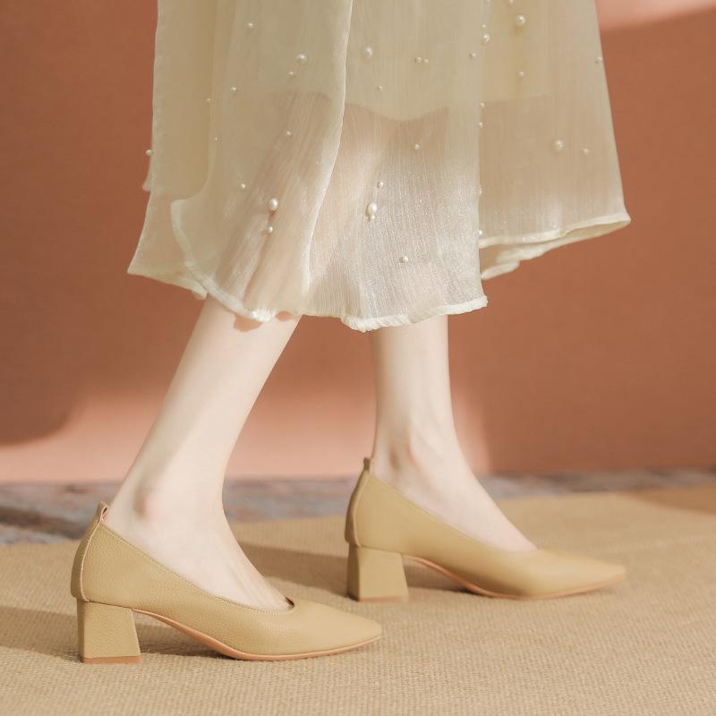 Мягкая кожа, не устают ноги, квадратный носок, высокий каблук, средний каблук, толстый каблук, туфли-лодочки, женские туфли для бабушки, новые