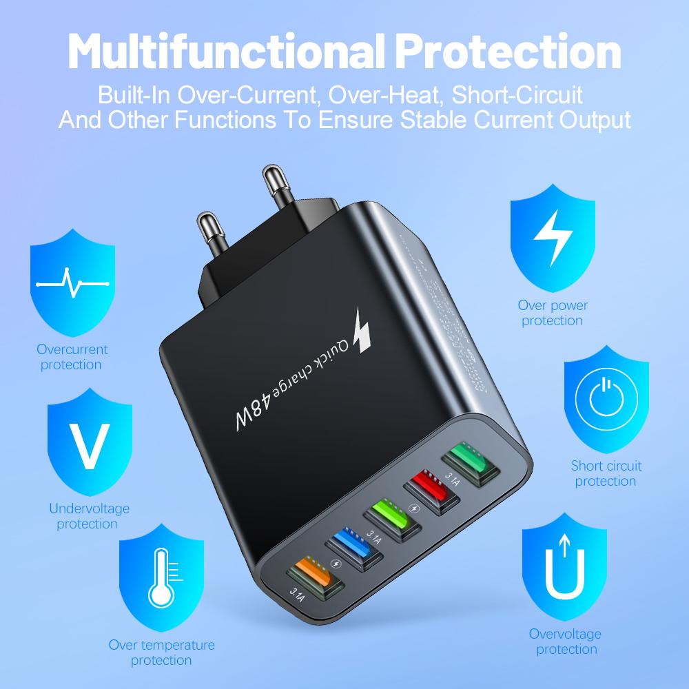 48W Multi-port USB Charger Quick Charge 3.0 Adapter Fast Charging Wall Charger For iPhone 17 Xiaomi Huawei Samsung Mobile Phone