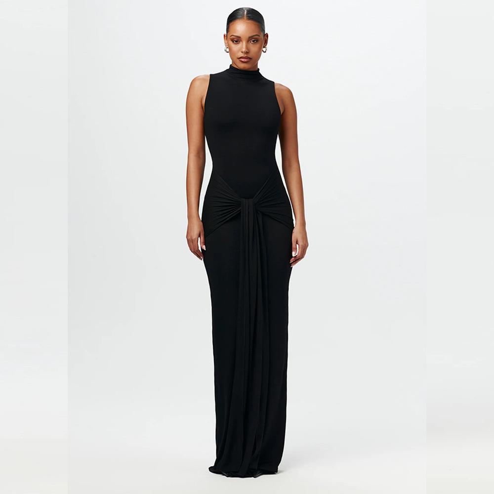 Европейское и американское женское однотонное платье без рукавов приталенного силуэта с завязкой на талии