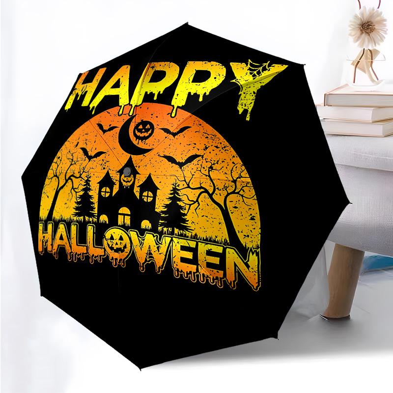 Halloween Castle Themed Folding Umbrella Fashion Auto-Open 8 Iron Ribs Plastic Handle Foldable Sunshade Perfect Christmas Gifts