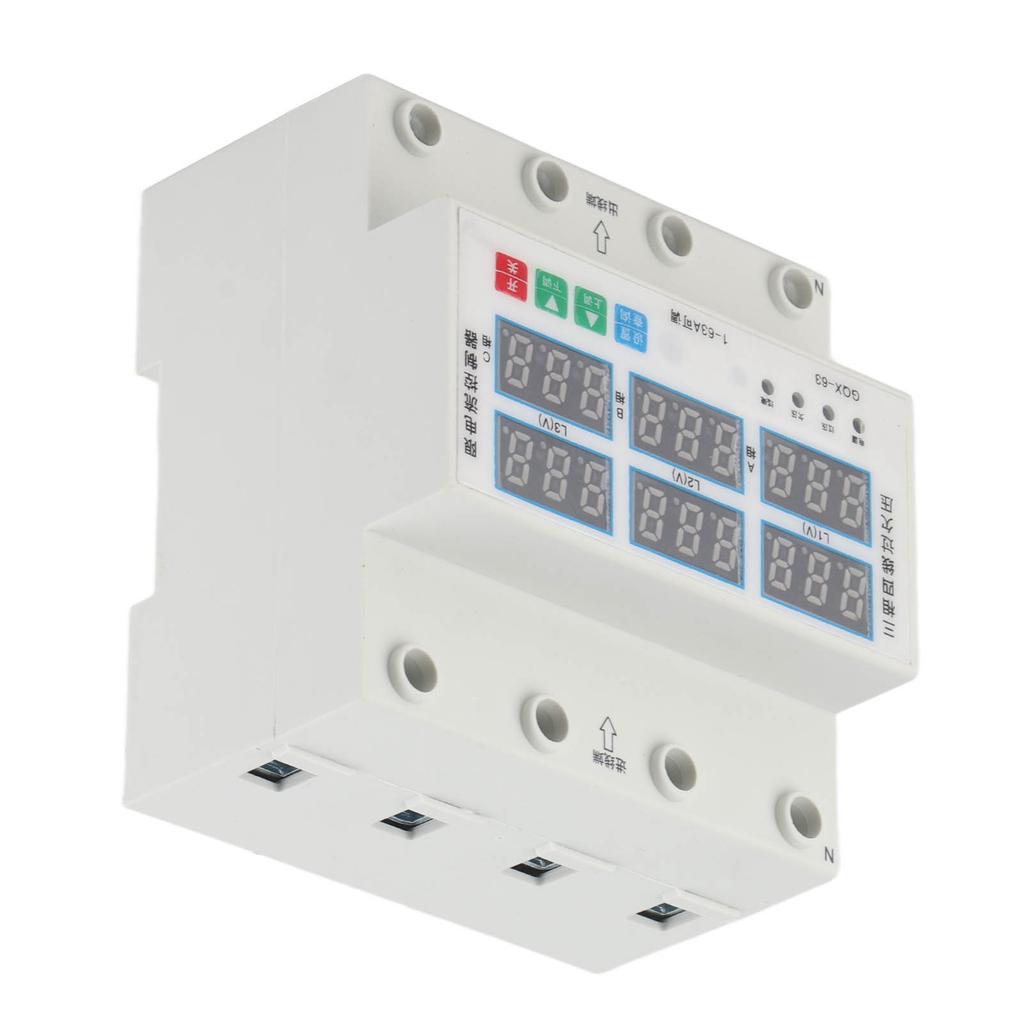 3-фазный вольтметр на DIN-рейку, амперметр, регулируемый предохранитель от перенапряжения, пониженного напряжения и перегрузки по току 63A