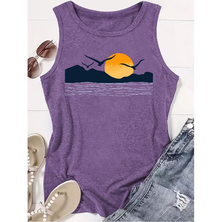 2026 New Sunset Seabird Landscape Print Round Neck Women Sleeveless Vest Soft Versatile Casual Summer Tank Top
