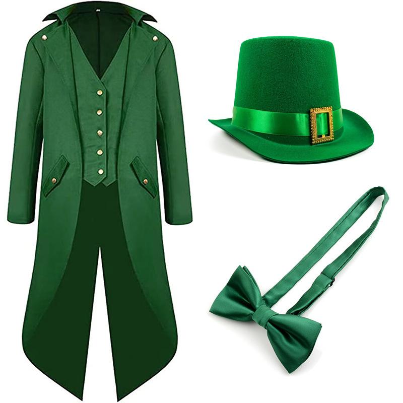 St. Patrick's Day Costume Tailcoat Leprechaun Irish Green Gothic Vintage Steampunk Tailcoat Top Hat Bow Tie Halloween Costume