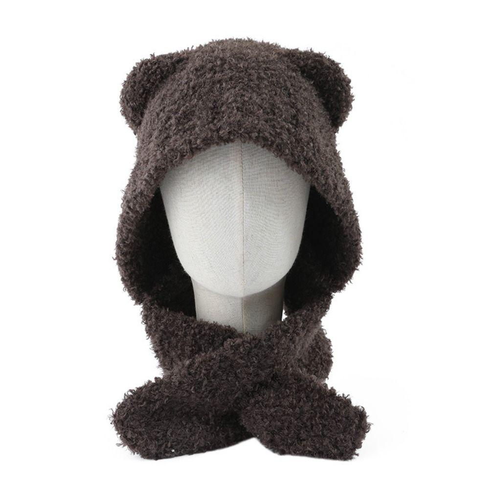 Velvet Cute Beanies Warm Hat Scarf Integrated Cartoon Plush Bear Ear Hat Streetwear