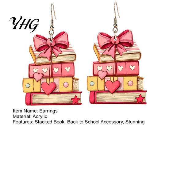 Book Lover Earrings 1 Pair Acrylic for Women, Vintage Stacking with Pink Chic School Season Accessories Bow And Heart, Funny Dangle Jewelry,