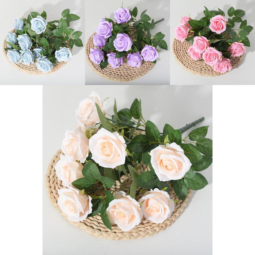 Artificial Ninehead Rose Bouquet Wedding Decor Silk Flowers For Home And Event Use