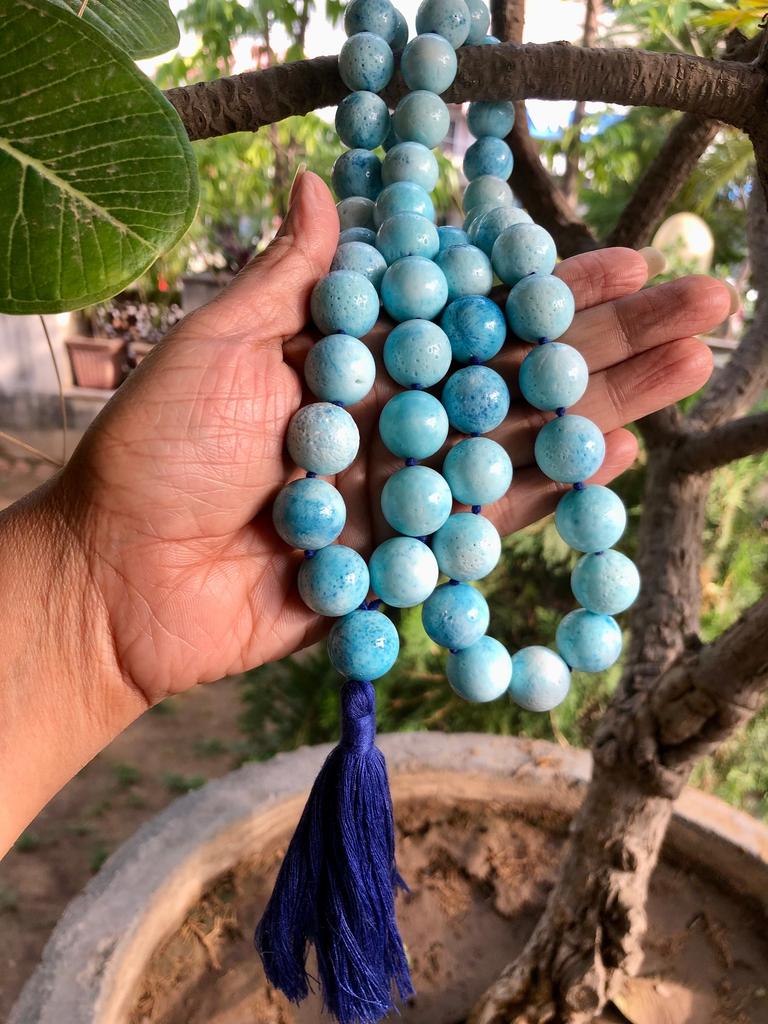 16 mm round 36"+ Created Blue Coral 54+1 Guru Bead Japa Mala, Jaap Rosary, Yoga Prayer Healing Meditation, Healing gemstone