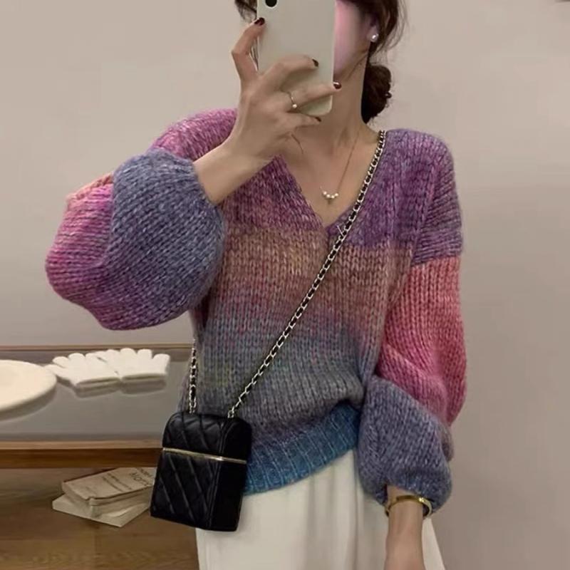 Осенний новый длинный рукав V-образный вырез свободный вязаный свитер для женщин зимний градиент радуга повседневные пуловеры свитера женские модные облегающие джемперы 25473