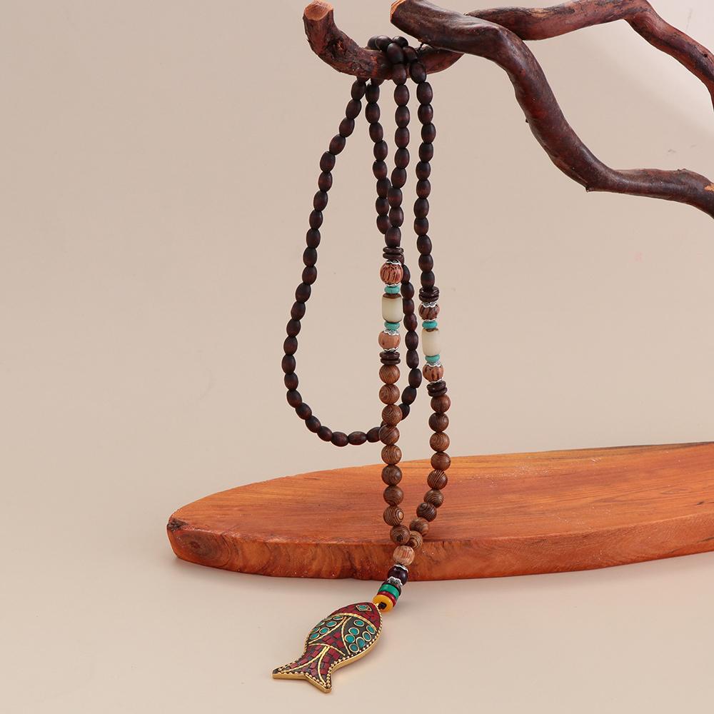 Подарок на удачу на фестивале Этнические украшения для вечеринки Мала Деревянные бусины Непальское ожерелье Подвеска из рога рыбы Буддист